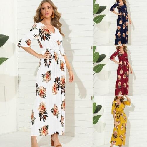 Hot Sale Fashion Summer Women Casual Floral Print V-Neck Bandager Long Dress Длинное платье Vestido largo mujer LW