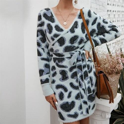 Womens sexy leopard print dresses knee length v-neck long sleeved autumn dresses with sashes knitted back hollow out warm dress
