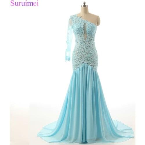 Abendkleider 2018 Mermaid Evening Dersses Long See Through Appliqued Chiffon Nude Sky Blue Evening Dress Formal Party Gowns