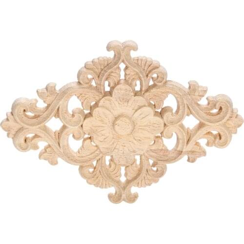 1pc Unpainted Floral Wood Carved Corner Applique Rhombus Wooden Carving Decal Furniture Door Frame Wall Home Decor 15*10.5cm