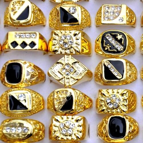AOMU 10pcs/lot Vintage Classic Gold-Color Crystal Rhinestone Metal Ring Mans Wide Rings Wedding Ring Party Men Jewelry