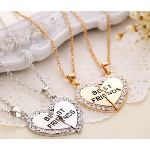 Bespmosp 2PCS Punk Charms Heart Broken Pendant Necklace Gold Silver Plated Best Friend Forever Crystal Bff Women Men Friendship