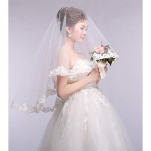 Popodion Short Lace Bridal Veils Wedding Veil Bridal Headwear Vail Blusher Wedding Veil Ivory WAS10204