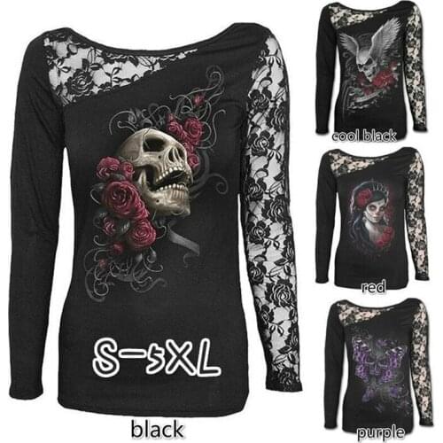 T Shirt Women t-shirt Long Sleeve Lace Collar Skulls Quilt Sexy long-sleeved Vintage Tshirt Women Clothes Vestidos BLK9000