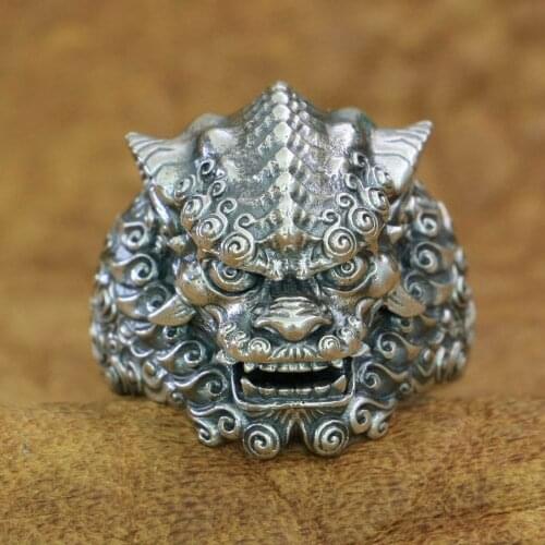 Chinese Style Lion Ring 925 Sterling Silver Mens Biker Punk Ring TA210 US Size 7~15
