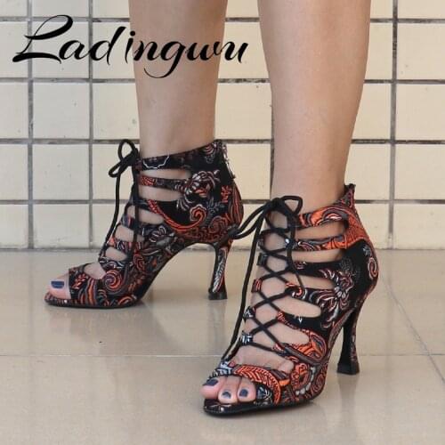 Ladingwu New Style Latin Dance Shoes Rumba Tango Dance Boots Salsa National Standard Dance Shoes Embroidery Chinoiserie Pattern