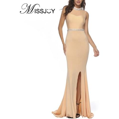 MISSJOY 2020 Elegant Long Dresses Women Evening Party Split Patchwork Sleeveless Backless Diamond O-Neck Fashion Female Spring