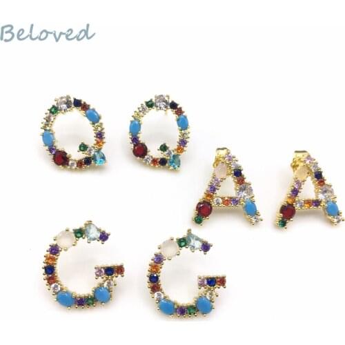 Fashion Micro Pave Cubic Zirconia Letter Stud Earrings, Rainbow CZ Alphabet Women GiftS,BG18316