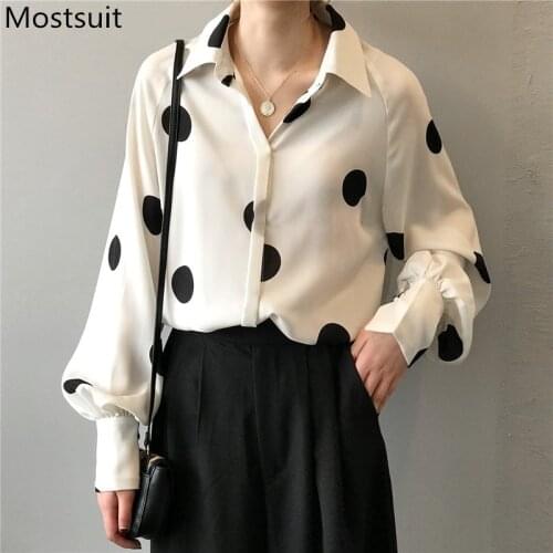 Offce Ladies Dot Printed Chiffon Blouse Shirt Women Full Sleeve Turn-down Collar Korean Loose Female Tops Blusas Mujer 2021