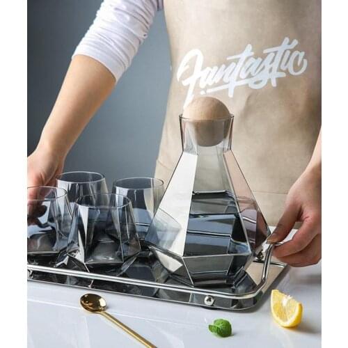 Blue Grey glass carafe set with wood lid, Decanter pitcher, Wine, Whiskey, Beer, Geometric, Juice set Drinking Coffee