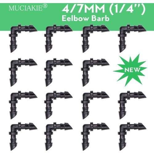 MUCIAKIE 50-2000PCS 4/7mm Elbow Barbed Connector 1/4'' Micro Tubing Irrigation Water Connecter Angle Bend Pipe Fitting 90 Degree