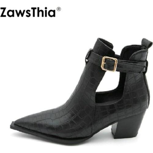 ZawsThia 2020 spring summer hallow cut out pointed toe white black chunky high heels woman boots gothic women ankle boots martin