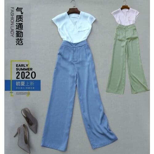 Women Summer Elegant V-neck White Shirt Top and Wide Leg Elastic High Waist Trousers OL One Set