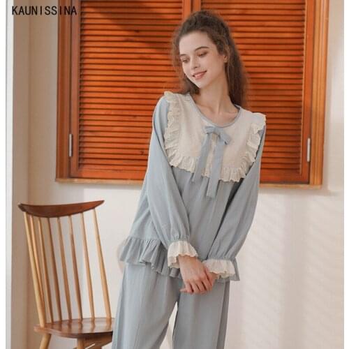 Wome Long Sleeve Pajamas Spring Autumn Retro Court Style Sweet Princess Lace Sleepwear Homewear Set Ladies Cotton Pajama Sets