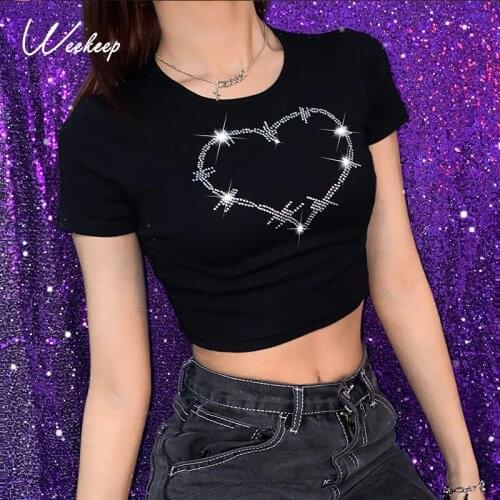 Weekeep Diamonds Patchwork Vintage Slim T-shirt Women Short Sleeve Summer Contrast Harajuku Cropped Tops Cotton Basic Tee Female