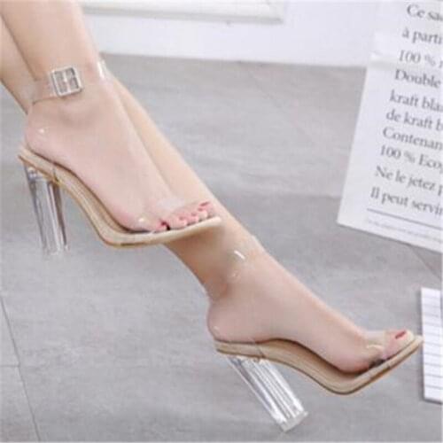 Women sandals PU Buckle Strap 12CM Thick heel High heels Round Toe Shallow women shoes sandalias mujer 2020 size 35-42 black