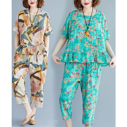2021 Summer Cotton Plus Size Vintage Women Two Piece Set Loose Print T-shirt Tops and Casual Harem Pants Suit Fashion Sets L378