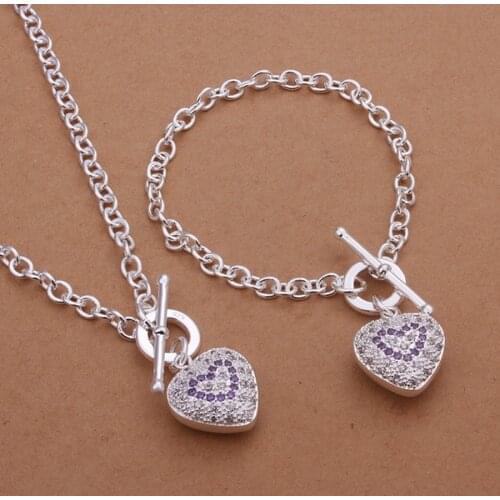 Silver Valentines Day gift noble cute women lady zircon crystal heart pendant necklace bracelets charm Jewelry Set S373