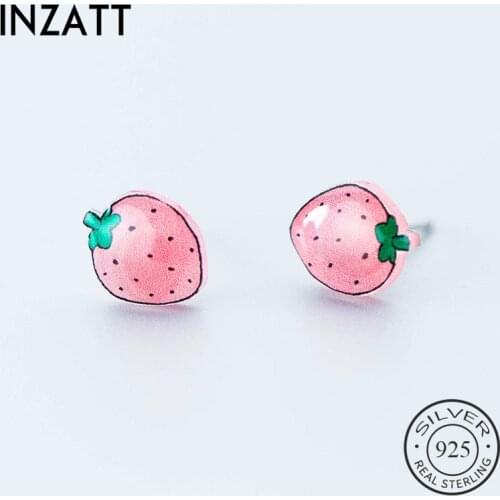 INZATT Real 925 Sterling Silver Strawberry Acrylic Fruit Stud Earrings For Fashion Women Party Fine Jewelry Cute Accessories
