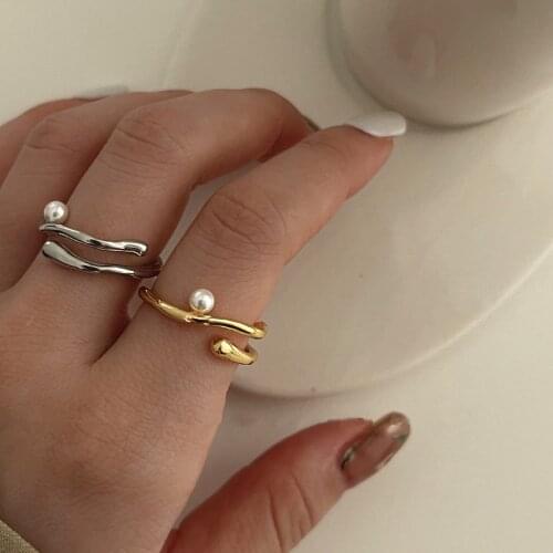 AOMU Vintage Gold Silver Color Metal Imitation Pearl Ring Smooth Irregular Geometric Double Open Ring for Women Jewelry Gifts