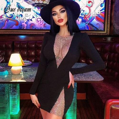 2021 New Summer New Womens Sexy V-neck Mesh Diamond Long Sleeve Bodycon Bandage Dress Fashion Celebrity Party Dress vestido