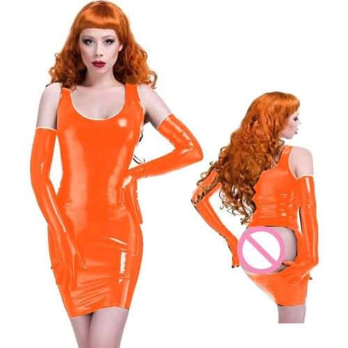 Plus Size Women Wet Look Patent Leather Dress Exotic Dancing Clubwear Sleeveless Open Butt Dress With Gloves Novelty Costume