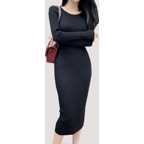 2021 Winter Black Thick Long Sleeve O Neck Knitted Dress Screw Thread Package Hip Bodycon Slim Korean Knit Midi Calf Dresses