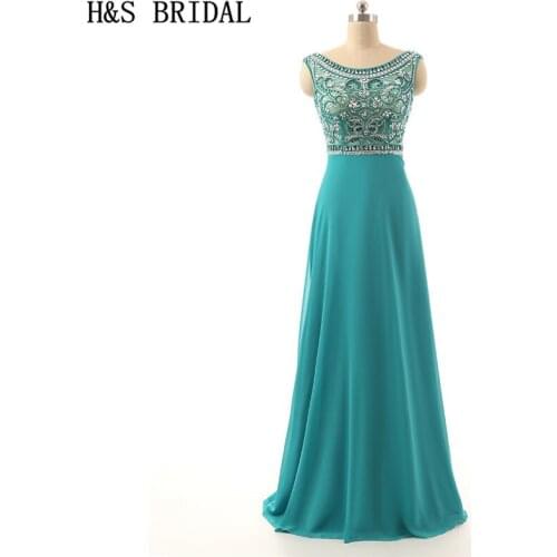 H&S BRIDAL Green evening dress 2020 Chiffon Sheer Front Sexy V Back turkish evening gowns Crystal Beaded prom dress real picture