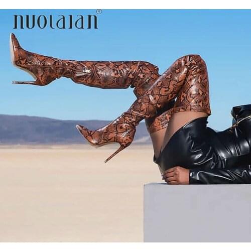 2019 Brand Autumn Winter Women Boots Long Stretch Slim Thigh High Boots Snakeskin Over the Knee Boots High Heels Shoes Woman