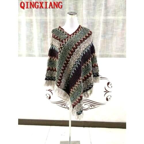 2020 Multicolor 9 Colors Loose Sweater Autumn Outer Street Cloak Knitted Tassel Poncho Women Diagonal Striped V Neck Pullover