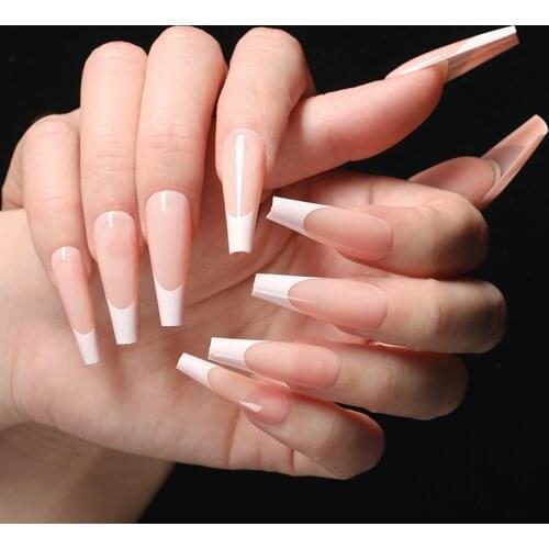 24pcs Nude Gold French Detachable Long Salon False Nails With Design Gradient Wearable Fake Nails Full Cover Nail Tips