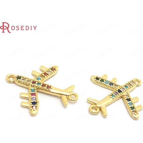 37825)6PCS 19x17MM 24K Gold Color Brass and Zircon Aircraft Charms Pendants Jewelry Making Supplies Diy Findings Accessories