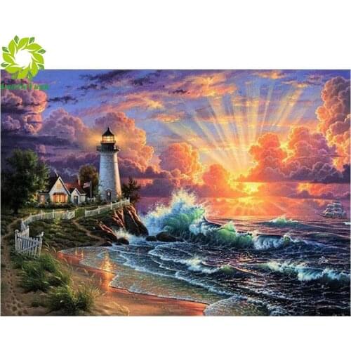 Diamond Painting Cross Stitch Full Pebble Round Lighthouse Picture of Rhinestone DIY Diamond Mosaic Diamond Embroidery Sale