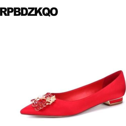 Satin crystal pearl beautiful pointed toe 2019 women slip on rhinestone designer chinese wedding shoes red shallow diamond flats