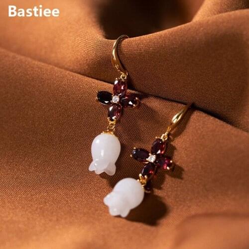 Bastiee Jade Drop Earrings For Women Garnet Silver 925 Jewelry Luxury Gold Plating Flower Convallary