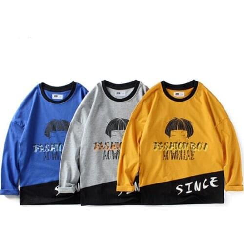 Childrens Long-Sleeved Stitching Colours T-Shirt 2021 Spring Autumn Boys Letter Printing Casual Bottoming Shirt For 5-14 Years