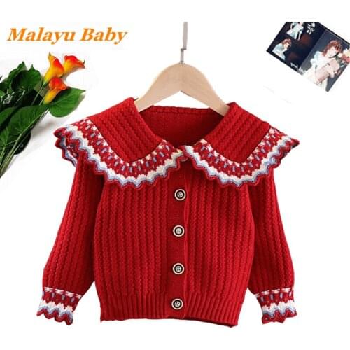 Malayu Baby Spring Autumn Child Sweater Jacket 2021 New Sweet Girls Big Lapel Knitted Cardigan Top Kids Clothing For 1-5 Years