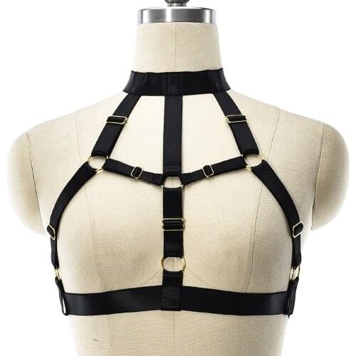 Women Black Body Harness Cage Hollow Open Chest Bra Goth Bondage Elastic Sexy Lingerie Belt Punk Crop Top Suspender Cage Bra