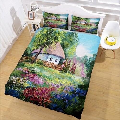 Home Furnishing Ink Painting Plant Landscape Print Adult Quilt Set and Pillow Case King Size Single Double Bedroom Bed Cover