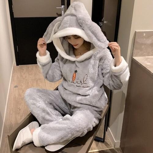 Flannel Cartoon Sleepwear Set Autumn Winter Womens Pajamas Thick Warm Homewear Cute Nightclothes Pyjamas winter Autumn 2PC