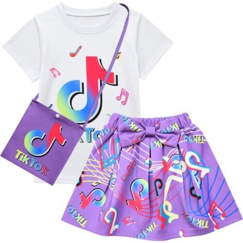 Summer Clothes for Kids Girls Fashion Kids Outfit Children Cotton Skirt Sets Tik Tok Print White T-shirt + Bow Skirts 2pcs Suit