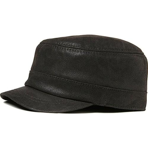 Mens Leather Military Cap Frosted Flat Top Casual Hats Pigskin