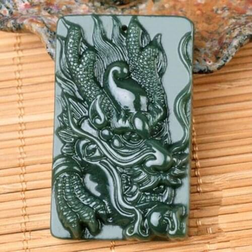NATURAL CARVED DRAGON HETIAN JADE PENDANT QINGYU GREEN NECKLACE