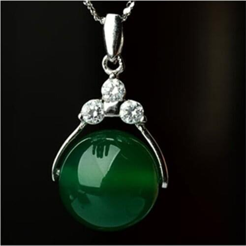 Natural Green Jade Chalcedony Round Agate Pendant 925 Silver Necklace Chinese Carved Charm Jewelry Fashion Amulet for Women Gift