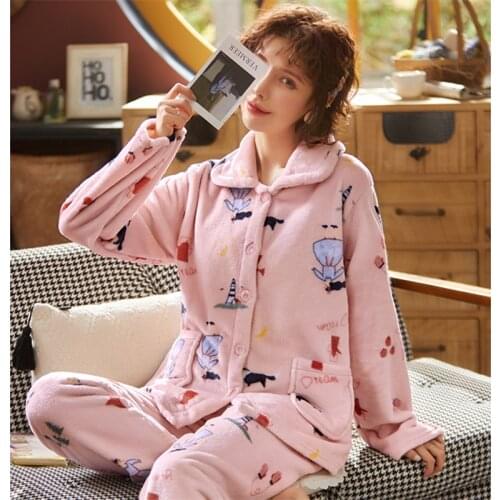 2020 New Women Pajama Sets Women Pyjamas Thick Flannel Warm Pyjamas Sleepwear Full Trousers Cute Animal Female Homewear