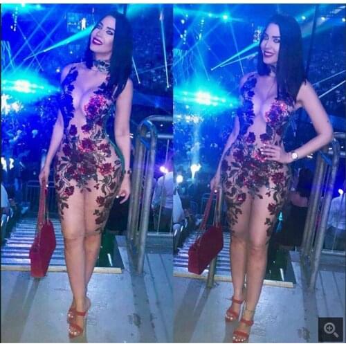 Nightclub Sexy Dress Women Mesh Embroidered Flower Sequins Dress Party Night Clubwear Summer Mini Dress High Waist Women
