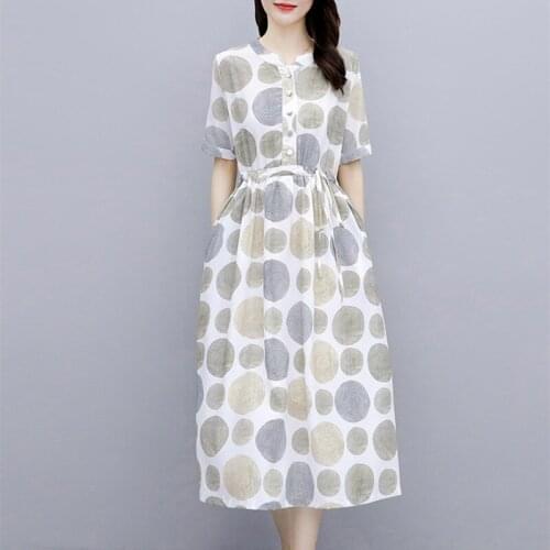 Thin Soft Cotton Linen Print Dot Fashion Women Loose Summer Casual Midi Dress Draw String Slim Office Lady OL Work Dress