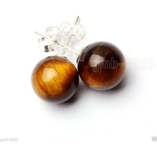 Fashion New 10mm Natural Yelow Tiger Eye Stone Tibetan Silver Stud Earrings