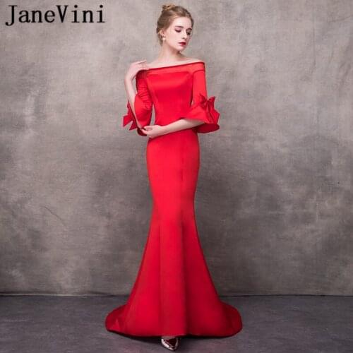 JaneVini Chic Red Mermaid Bridesmaid Dresses Beaded Boat Neck Poet Half Sleeves Backless Satin Sweep Train Formal Party Gowns