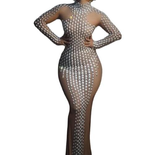 Rhinestones Pearl Decoration Long Sleeve Turtleneck Split Fork Dress Ladies Nightclub Performance Clothing Stage Wear Lady